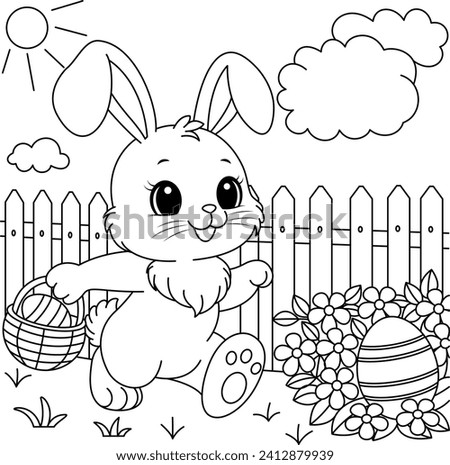 Happy Easter Bunny holding a small wicker basket of decorated in the garden eggs coloring page, black and white vector cartoon illustration
