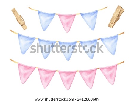 Garland Set Watercolor illustration. Hand drawn clip art on white isolated background. Drawing of blue and pink pennant with clothespins. Painting of party flags for design of cards and invitations.
