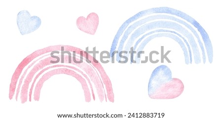 Pink and blue Rainbow set Watercolor illustration. Hand drawn clip art on white isolated background. Drawing of baby shower or birthday decorations. Painting of cartoon doodle for design of cards.