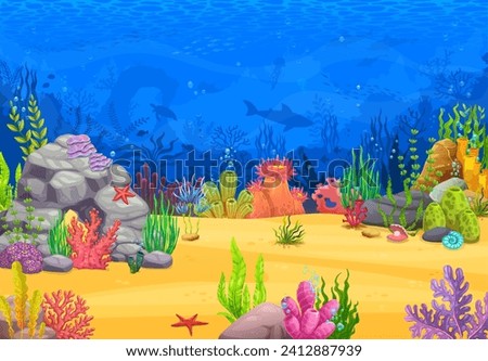 Sea underwater landscape. Game level with fish shoals, seaweed and silhouettes of animals. Ocean under water world vector background with shark, turtle and dolphins, corals, starfish, shells on bottom Royalty-Free Stock Photo #2412887939