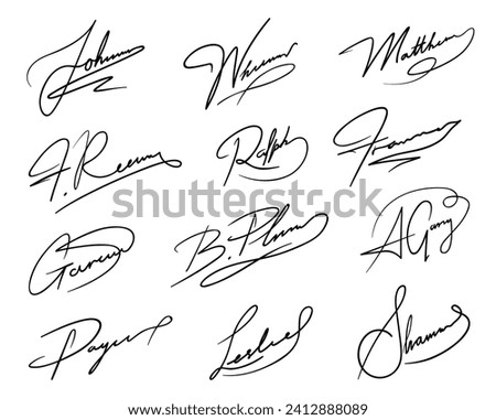 Autograph or business signatures pack set of pen handwritten names, isolated vector. Document signatures or handwriting personal name letters and surname for facsimile or business letter signature Royalty-Free Stock Photo #2412888089
