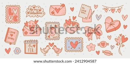 Valentine's Day Clip arts Set: Vector Collection of Love Themed Stickers. Isolated Romantic elements with Hearts, Messages, and Postage Stamp for Journal Stickers, Scrapbooking, and Greeting Cards