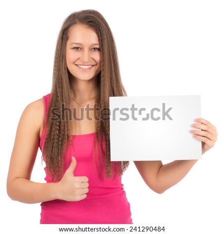 Casual Female In Pink Shirt Holding a Blank Sheet Of Paper Showing Like Gesture Isolated on White Background