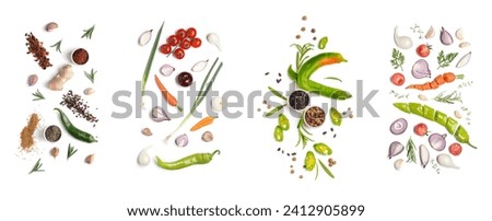 Collage of fresh green vegetables with herbs and spices on white background, top view Royalty-Free Stock Photo #2412905899