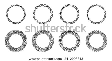 Celtic round frames. Old circle border frames with celtic folk knots, knotted braid ornaments decorative tattoo design. Circular patterns vector set. Abstract ornamental isolated templates Royalty-Free Stock Photo #2412908313