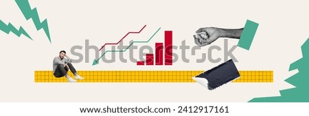 Panorama composite creative collage photo of sad depressed man lost all investments during financial crisis isolated on drawing background
