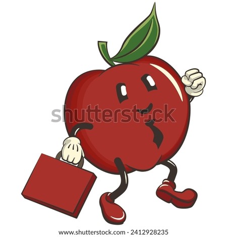 vector illustration of a cute mandarin orange character mascot wearing a tie and carrying a suitcase rushing to the office, work of handmade