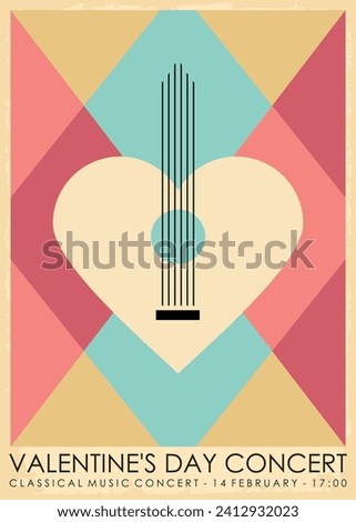 Classical music concert for Valentines day abstract poster desugn. Guitar and heart vector shapes and design elements. Festive vector illustration.