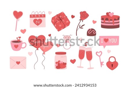 Happy Valentine's Day vector illustration set. Romantic decorative elements for invitation, greeting card, postcard. Hearts, envelope, ballon, sweets, wine, padlock and key icon collection