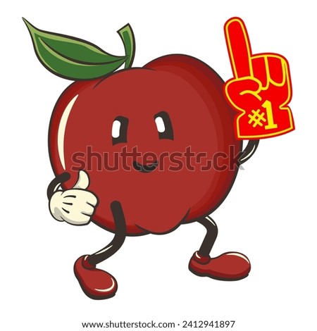 vector illustration of a cute red apple character mascot raising a foam finger, work of handmade
