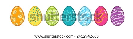 Easter painted eggs set. Symbol of Easter holiday. Vector bright rainbow colors eggs with pattern. Restaurant, cafe menu, holiday decoration, poster, greeting card, 
sticker, easter holiday egg hunt.