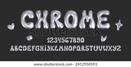 3d chrome liquid font in y2k style isolated on a dark background. Render of 3d metal inflated alphabet and numbers with glossy silver effect. 3d vector y2k typography letter Royalty-Free Stock Photo #2412950593