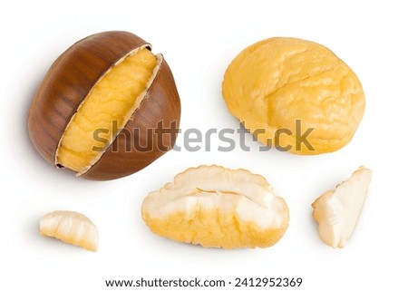 roasted peeled chestnut isolated on white background. Top view. Flat lay Royalty-Free Stock Photo #2412952369