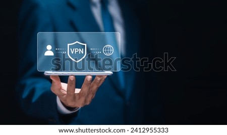 VPN Virtual private network concept. Businessman use smartphone with virtual screen of VPN connection. Internet security, encrypted connection for anonymous internet user. Royalty-Free Stock Photo #2412955333