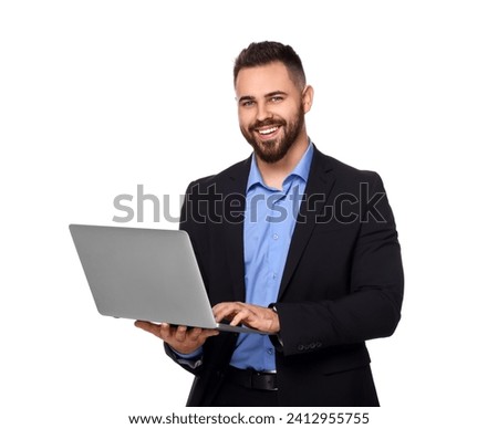 Portrait of smiling man with laptop on white background. Lawyer, businessman, accountant or manager