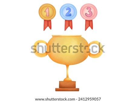 watercolor Golden Trophy cup, medals clip art, cut out illustration isolated on white background. team games, individual competitions Champion trophy. award ceremony for winners of international sport
