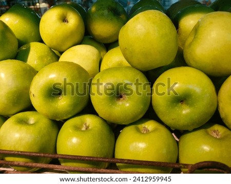 A bunch of fresh Green apples(Granny Smith or chartreuse or avocado colored or common apple), side ankle view, hd images, stock photo in jpg format kept ready on the market in the rack, for sale.