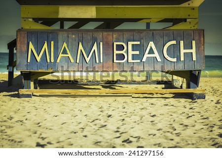 Miami Beach sign on wood background, South Beach, Florida