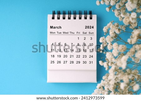 March 2024 Calendar flat lay Royalty-Free Stock Photo #2412973599
