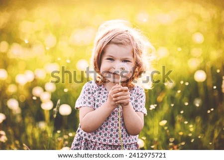 Adorable cute little baby girl blowing on a dandelion flower on the nature in the summer. Happy healthy beautiful toddler child with blowball, having fun. Bright sunset light, active kid. Royalty-Free Stock Photo #2412975721