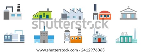 Cartoon factory buildings collection. Set of factories. Industrial building factory. Power plant, manufacturing, industrial and warehouse buildings