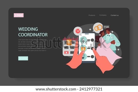 Wedding Coordinator concept. Hands navigate a smartphone app, planning an ideal wedding with key tasks, as a loving couple shares a moment. Organizing nuptials digitally. Flat vector illustration. Royalty-Free Stock Photo #2412977321