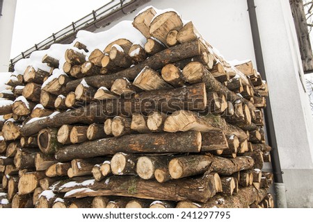 chopped wood stock under snow  in mountain home