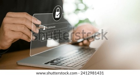 Cybersecurity protects passwords and secure internet access. It is crucial to have secure login and protection in the online world. Users enter their passwords on the internet network to stay safe. Royalty-Free Stock Photo #2412981431