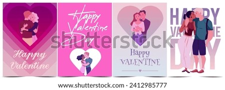 Set of postcards or vertical about Happy Valentine Day flat style, vector illustration isolated on white background. Decorative designs collection, love and romantic relationships Royalty-Free Stock Photo #2412985777