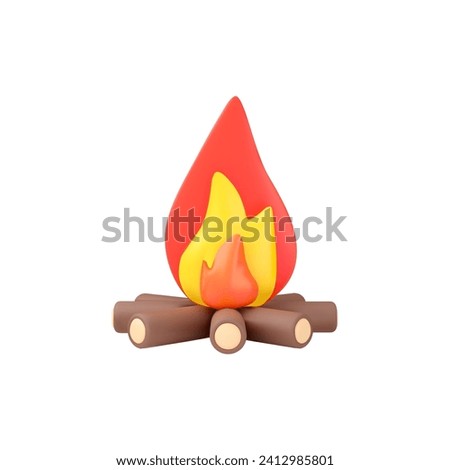 Burning bonfire or campfire, firewood with fire or flame. 3d realistic design element plasticine texture. Camping, picnic, tourism concept. Vector render illustration isolated on white Royalty-Free Stock Photo #2412985801