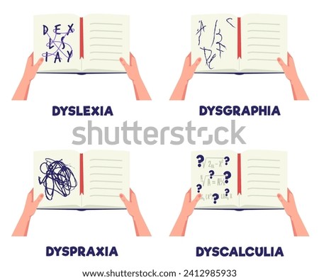 Set of hands holding opened notebooks flat style, vector illustration isolated on white background. Decorative design elements collection, learning difficulties, dyslexia and dysgraphia Royalty-Free Stock Photo #2412985933