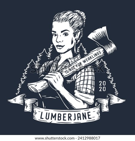 Lumberjack woman of carpenter or female axeman. Woodworker and logger with axe in hand. Monochrome print Royalty-Free Stock Photo #2412988017