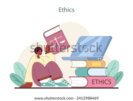 Ethics study concept. A person engrossed in literature on ethics, beside a laptop and stacked books. Pursuit of moral understanding. Flat vector illustration. Royalty-Free Stock Photo #2412988469