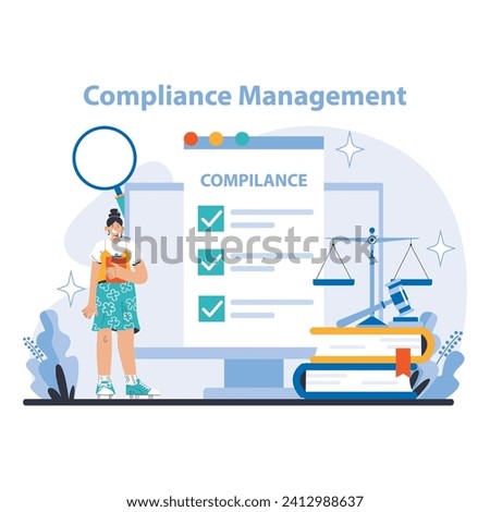 Compliance Management concept. Detailed illustration of regulatory adherence, legal standards, and policy enforcement in organizational processes. Systematic checks and balances depicted. Royalty-Free Stock Photo #2412988637