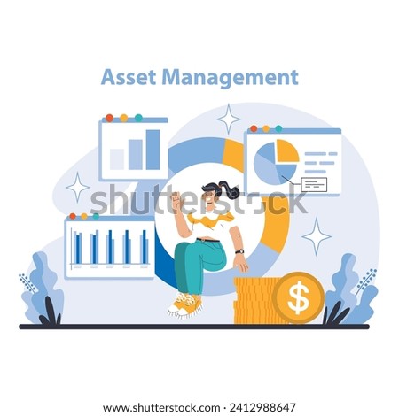 Asset Management concept. Visualizing financial growth and investment strategies with data-driven decision-making. Wealth accumulation and portfolio oversight highlighted. Flat vector illustration. Royalty-Free Stock Photo #2412988647