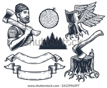 Lumberjack or logger with axe, ax of carpenter. Set of elements for woodworker. Monochrome axeman Royalty-Free Stock Photo #2412996397