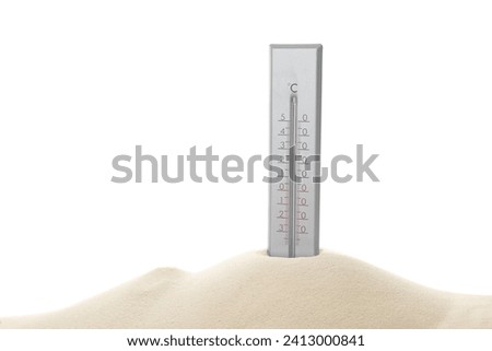 Weather thermometer in sand against white background Royalty-Free Stock Photo #2413000841