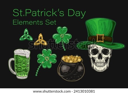 Set, clip art of design elements for St Patricks day in vintage style. Jewelry charms clover, shamrock, triskele, pot full of golden coins, green beer. Human skull in tall top hat.