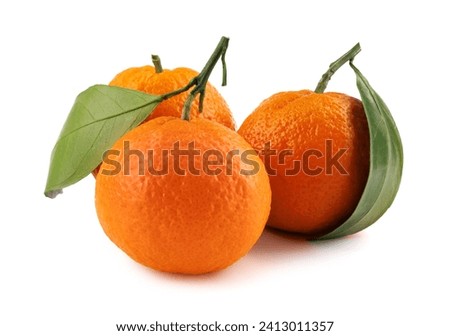 Three tangerines isolated on a white background. Organic tangerine with green leaf. Mandarin.