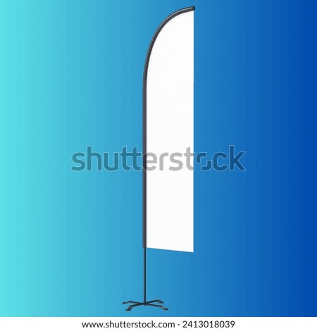 teardrop mockup, blank white wind banner feather flag mock-up or vertical wind banner mock up. Isolated on blue transparent  background Royalty-Free Stock Photo #2413018039