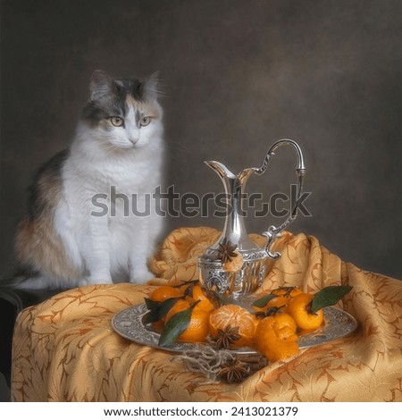 Still life with tangerines and curious cat