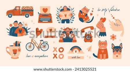 Big set of creative clip arts to Saint Valentine's Day. Cute cartoon persons, lovers, couple, woman and man, posing, hugging. Illustrations of typewriter, pickup with hearts, bicycle, dog, cat, mail.
