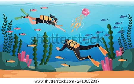 Cartoon divers under water. People with scuba gear and oxygen tanks are engaged in diving. Ocean sport. Extreme hobby. Exploration of seabed. Underwater swimming. Tidy vector concept Royalty-Free Stock Photo #2413032037
