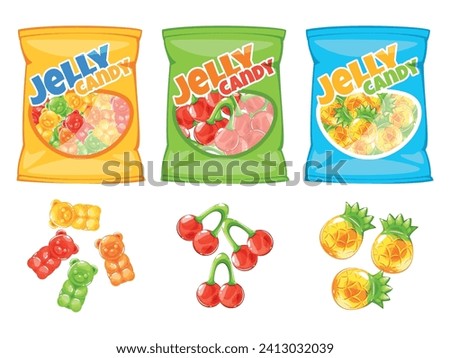 Cartoon jelly candies packs. Colorful fruity gum bags. Gelatin bears. Cherries and pineapple shaped. Confectionery package. Sachet packaging. Various assortment. Sweet marmalades vector set Royalty-Free Stock Photo #2413032039