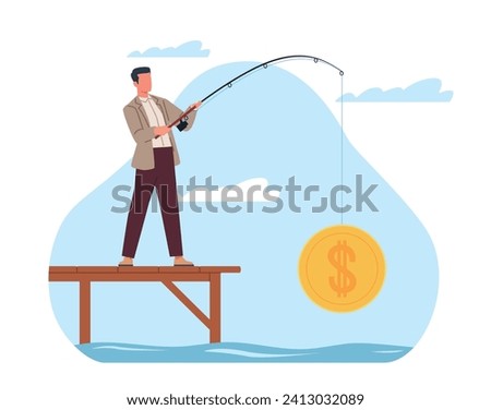 Man making profit. Businessman using fishing rod to catch gold coin. Money success. Financial income. Cash at hook. Fisherman at piers. Economy revenue. Successful startup. Vector concept