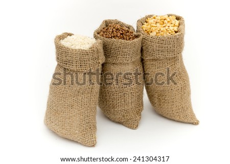 Bags of cereals. Set cereals. Isolated on white background.