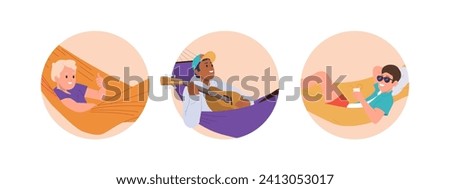 Round composition set with happy relaxed people enjoying rest in hammock vector illustration