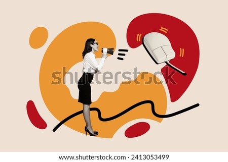 Creative collage picture illustration black white effect happy loudly beautiful young woman speak megaphone abstract white background