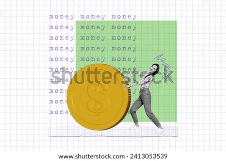 Collage picture illustration black white filter miniature tired excited young lady large coin money cash bank saving sketch unusual banner Royalty-Free Stock Photo #2413053539