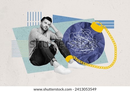 Photo collage image sitting young guy depressed despair sad feeling mental issues healthcare psychology consultation treatment Royalty-Free Stock Photo #2413053549